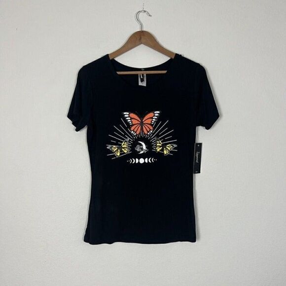 Monarch Butterflies Cosmic Moon Goddess Women's Black T-Shirt NWT Size Small - Picture 1 of 11